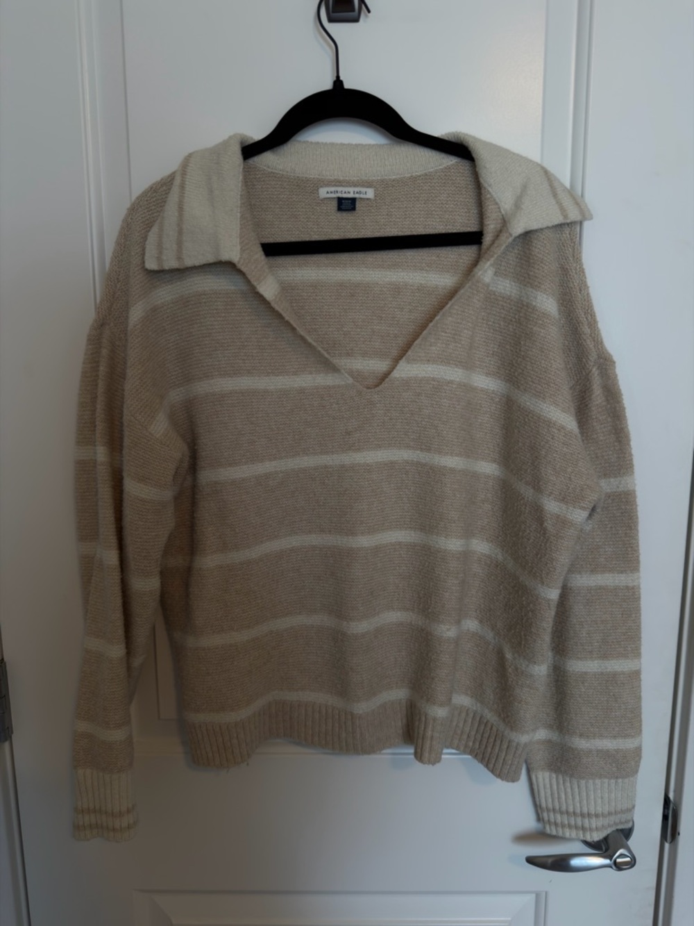 American Eagle Outfitters Beige & Cream Striped V-Neck Sweater